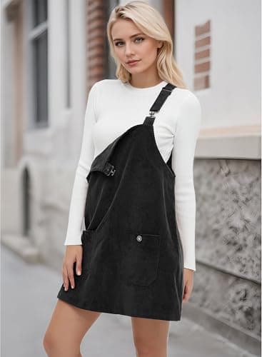 YUENIU Women's Stylish Corduroy Overall Dress with Adjustable Straps Pockets