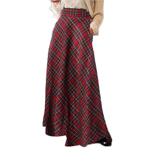 Sheface Women's High-Waist Plaid Pleated Maxi Skirt with Pockets