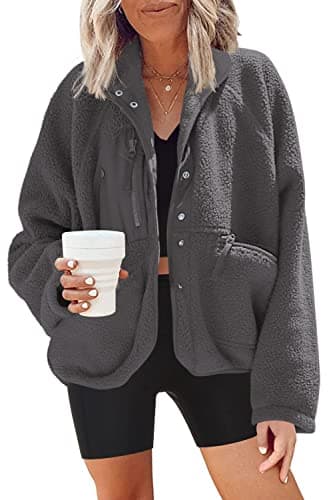 Nirovien Women's Fuzzy Fleece Button Down Sherpa Coat Winter Warm Coat — Dark Grey