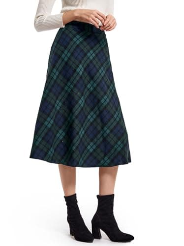 Artykey Women's High Waist Warm Plaid Wool Maxi Skirt S-3XL — E Green Length 76cm