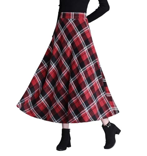Biilyli Women's Plaid Wool Maxi Skirt with High Waist Elastic Waist — B Red