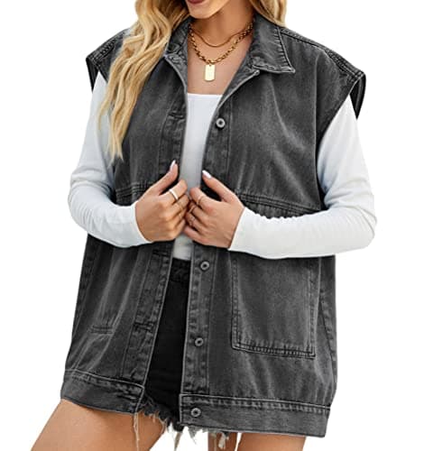 PAODIKUAI Women's Oversized Distressed Denim Vest Jackets — A-black