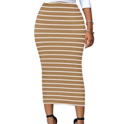 Lrady Women's High Waist Slim Maxi Pencil Skirts for Night Out Party — Striped (Brown and White)