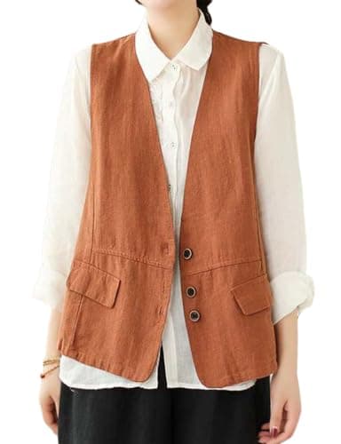 IDEALSANXUN Lightweight Cotton Linen Vest for Women Spring SummerWAISTCOAT — Orange