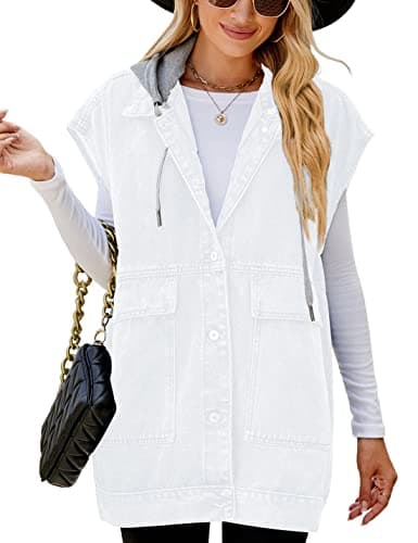 PAODIKUAI Women's Oversized Distressed Denim Vest Jackets — A-white Hood