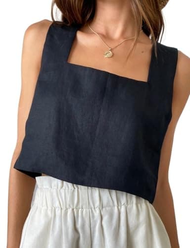 IDEALSANXUN Women's Summer Linen Square Neck Crop Tank Tops — Black