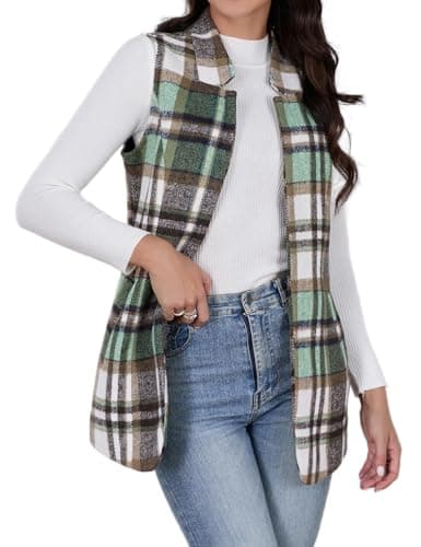 Plaid Wool Vest for Women: Casual Fall/Winter Sleeveless Blazer — Green