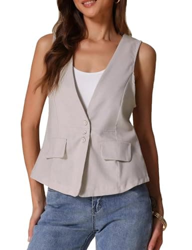 IDEALSANXUN Women's Linen Vest Lightweight Summer Blazer Cardigan Top — Beige