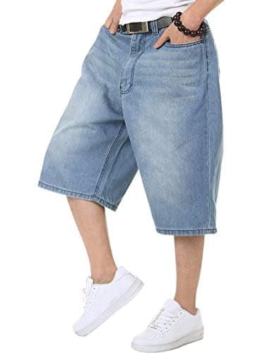 IDEALSANXUN Men's Baggy Casual Long Denim Jorts Shorts Loose Fit Trendy Styles — Light Blue