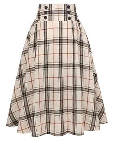 Women's High Waist Plaid A-line Midi Skirt by IDEALSANXUN — Beige