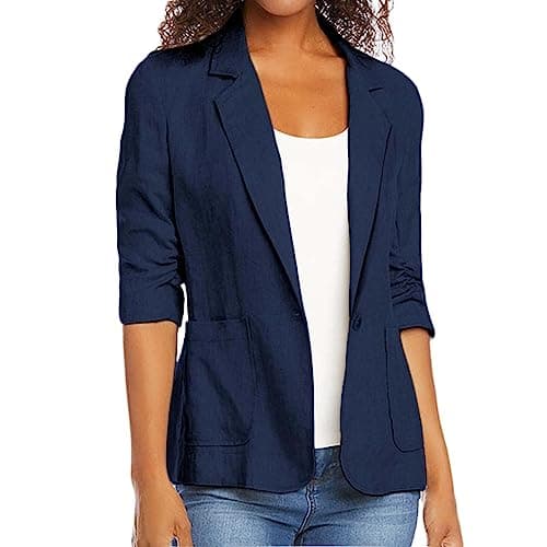 Zowzowkot Women's Lightweight Stretchy Linen Blazer Suit Summer Jackets with Pockets — Dark Blue