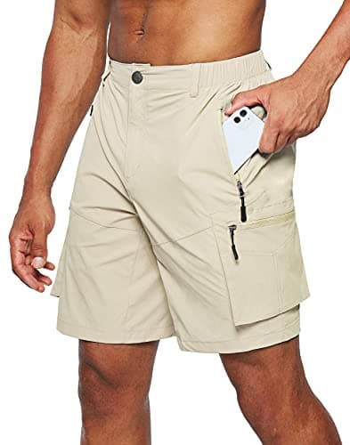 Men's Pudolla Quick-Dry Hiking Cargo Shorts with Multi Pockets for Camping and Travel — Khaki