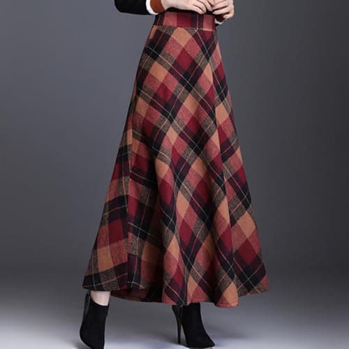 BININBOX Women's Vintage Plaid Maxi Wool Skirt Elastic Waist