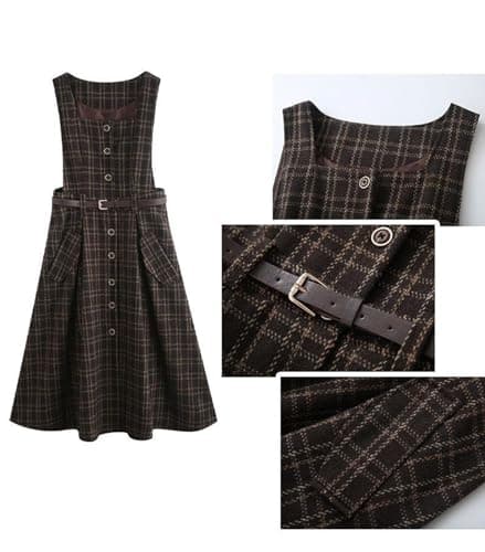 Cuteighteen Wool Midi Plaid Belted Dress with Pocket Fall Winter