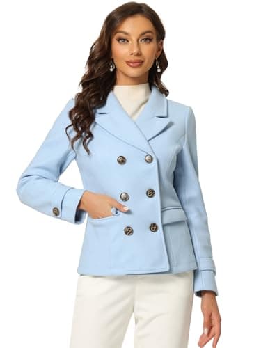 Allegra K Women's Notched Lapel Double Breasted Pea Coat — Light Blue
