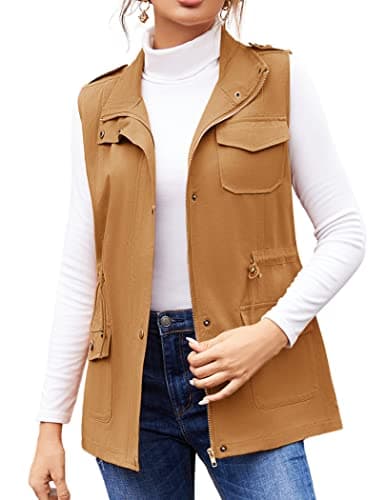 Beyove Women's Lightweight Sleeveless Military Anorak Cargo Vest — A- No Hood-coffee