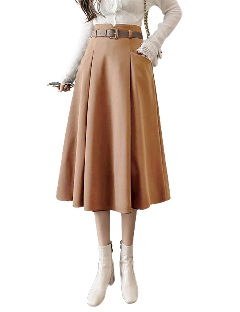 IDEALSANXUN High Waisted Wool Midi Pleated Skirts for Women Winter