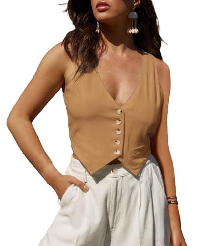 Mina Self Women's Linen V-Neck Tank Top Lightweight Cut-Cropped Casual Beach Vacation Corset Top — Brown