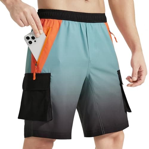 VAYAGER Men's Lightweight Casual Hiking Cargo Shorts Multi Pocket Outdoor Travel Shorts — Orange/Green Gradient