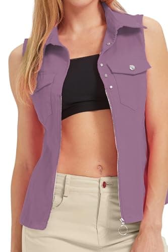 LIYEZ Women's Sleeveless Denim Vest with Pockets and Zipper — Color 12 Purple