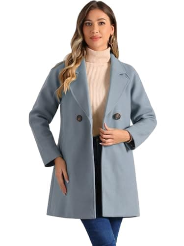Allegra K Women's Notched Lapel Double Breasted Winter Coats — Grey Blue