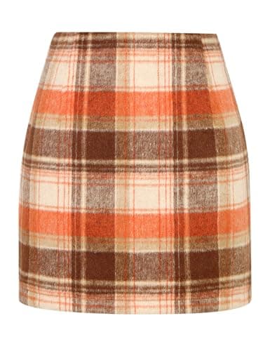 Mywinway Plaid High Waist A-Line Skirt for Women — Orange Brown 02