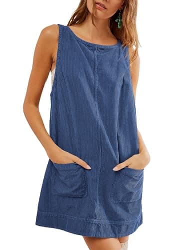 Hooever Women's Corduroy Overall Mini Dress with Pockets — Dustyblue