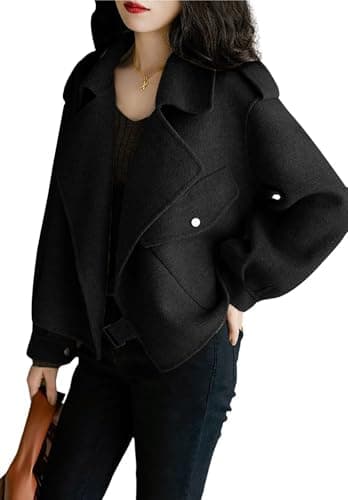 UTCOCO Women Cropped Wool Pea Coat with Notched Lapel and Pockets — Black
