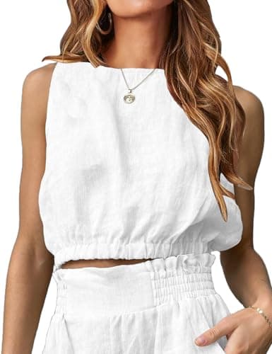IDEALSANXUN Women's Crop Linen Tank Top for Summer Beach Casual — White