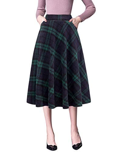 Women's High Waist Wool A-line Midi Skirt — Green