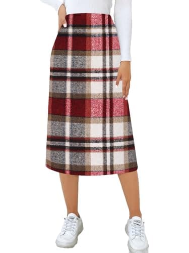 CYCLAMEN Women's High Waisted Wool A Line Midi Plaid Skirt — B Wine Red