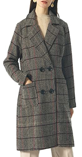 Chouyatou Women's Elegant Notched Collar Double Breasted Wool Blend Coat — Brown-herringbone