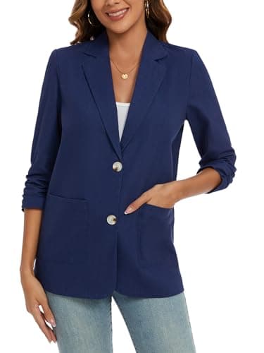 MINTLIMIT Cotton Linen Blazer for Women Work Casual (Navy, Size 2XL)
