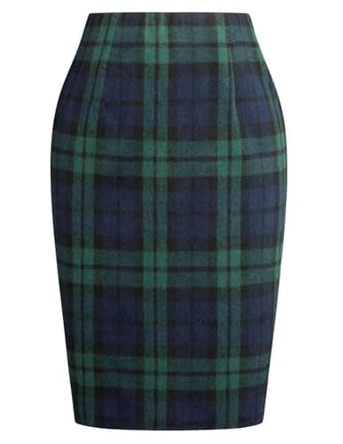 Women's High-Waist Wool Plaid Pencil Skirt for Fall and Winter — Green