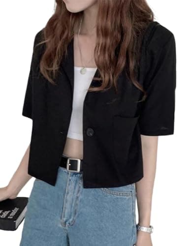 Cropped Blazers for Women: Casual Lightweight Cotton Linen Jacket — Black