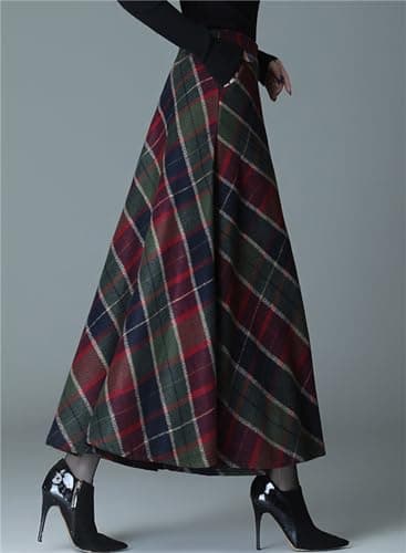 Joe Wenko Women's High Waist Flared Plaid Wool Skirt