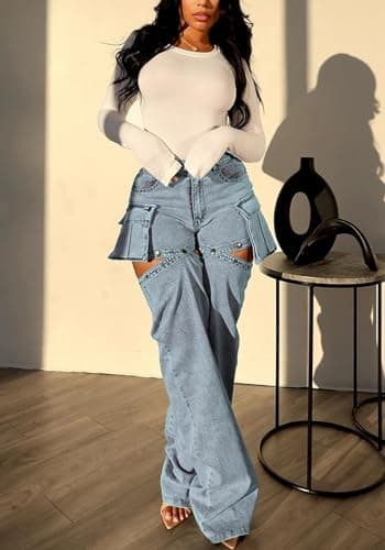 High Waist Stretchy Baggy Jeans with Removable Denim Shorts for Women