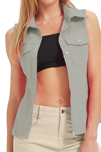 LIYEZ Women's Sleeveless Denim Vest with Pockets and Zipper — Color 14 Dark Grey