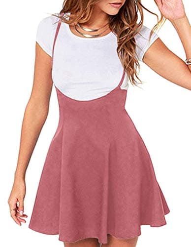 Jedyful Women's Casual High Waist Flare Skater Skirt with Shoulder Straps — 01-y Dark Pink