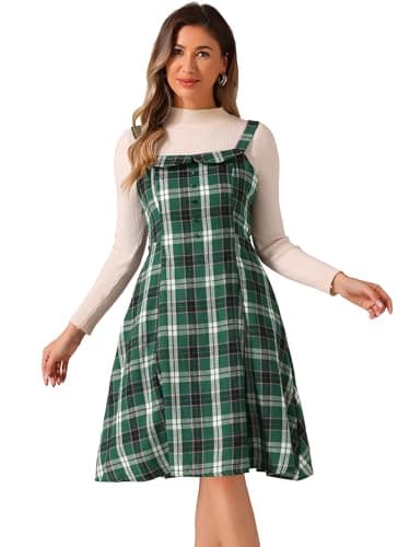 Women's Plaid A-Line Overall Dress — Dark Green