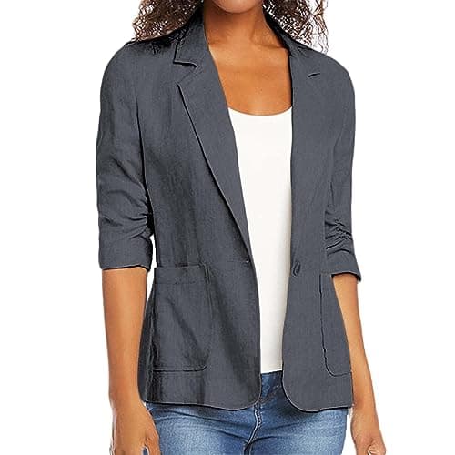 Women's Cotton Linen 3/4 Sleeve Open Front Blazer Jacket — Dark Gray