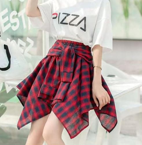 Women's Elastic Waist Plaid Mini Skater Skirt Knot Front Irregular Hem
