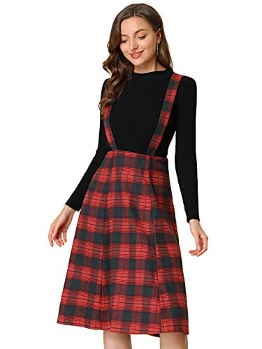 Allegra K Women's Vintage Tartan Suspender Midi Dress High Waist A-Line — Red Plaid