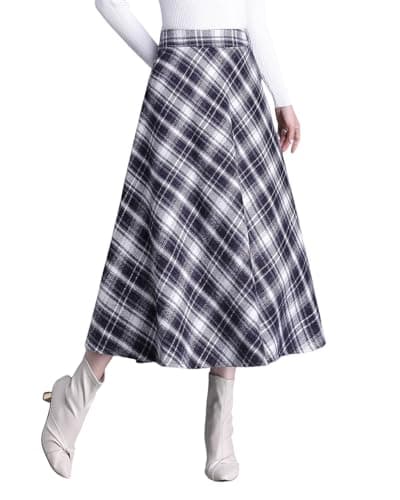 Womens Long Wool Plaid High Waist Flared Skirt Winter Warm — Purple