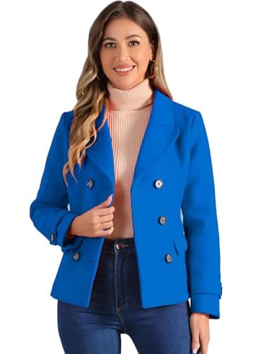 Allegra K Women's Notched Lapel Double Breasted Pea Coat — Royal Blue