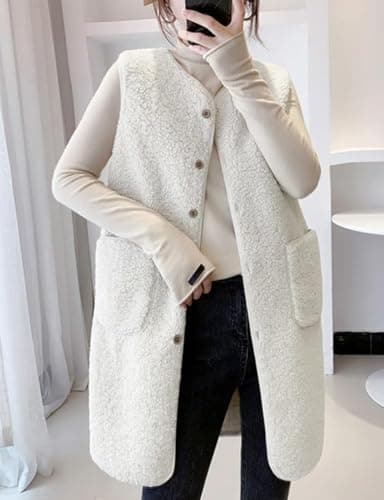 IDEALSANXUN Women's Fall Winter Long Fleece Sherpa Fuzzy Cardigan Vest