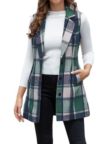 IDEALSANXUN Women's Plaid Sleeveless Blazer Jacket for Fall Winter — Green