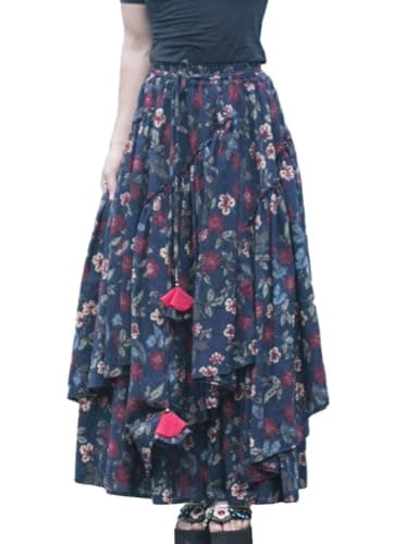 Womens Elastic Waist Retro Maxi Pleated Long Skirt — Print 607