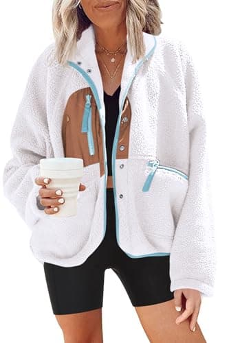 Nirovien Women's Fuzzy Fleece Button Down Sherpa Coat Winter Warm Coat — White Brown