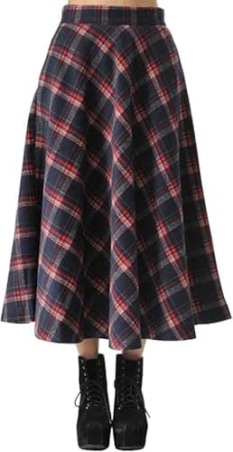 FX Women's Plaid Wool High Waist A-Line Maxi Skirt with Pockets — Red